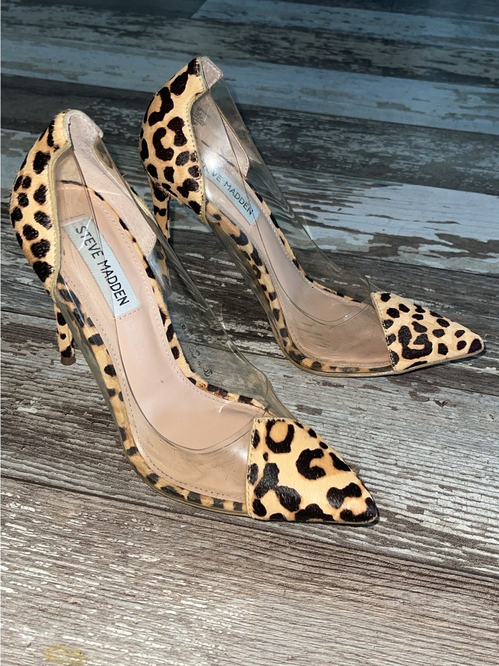 Steve Madden Leopard Print Pointed-Toe Clear Panel Pumps - Tan Black